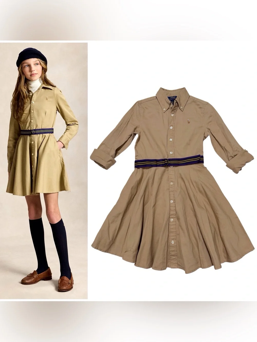 Ralph Lauren Belted Cotton Chino Shirtdress in Khaki Size 8
